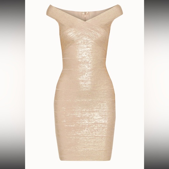 Herve Leger gold shimmer criss cross foil bodycon bandage dress XS NWT - Picture 3 of 13